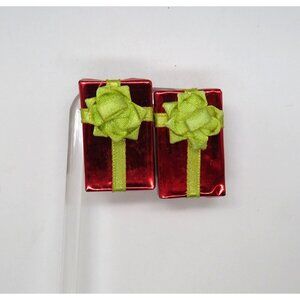 Vintage Red Gift Box Clip‎ On Earrings Green Ribbon Bow Christmas Present